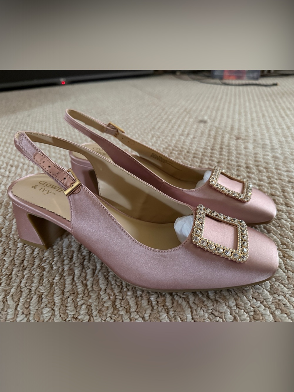 Crown & Ivy Pink Satin Crystal-Buckle Slingback Heels - Picture 7 of 7